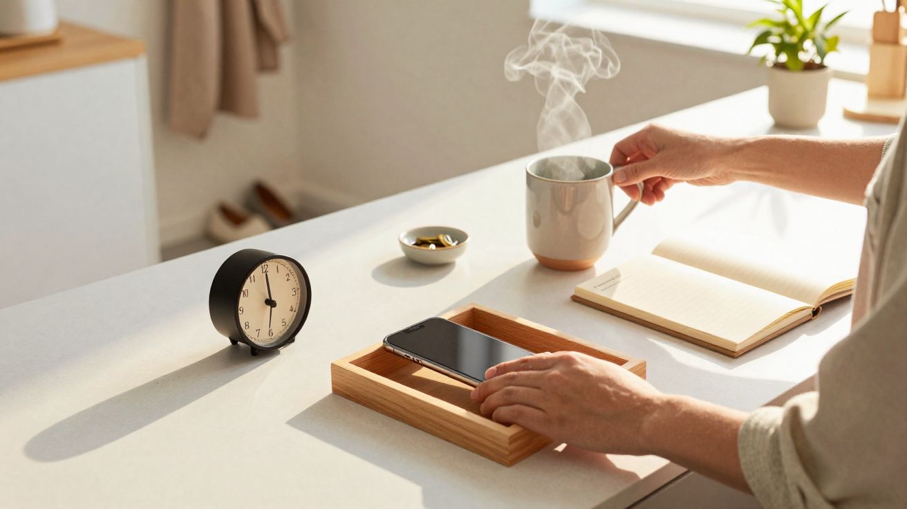 Mãos seguram chávena quente junto a telemóvel, bloco de notas e relógio sobre mesa iluminada pelo sol.