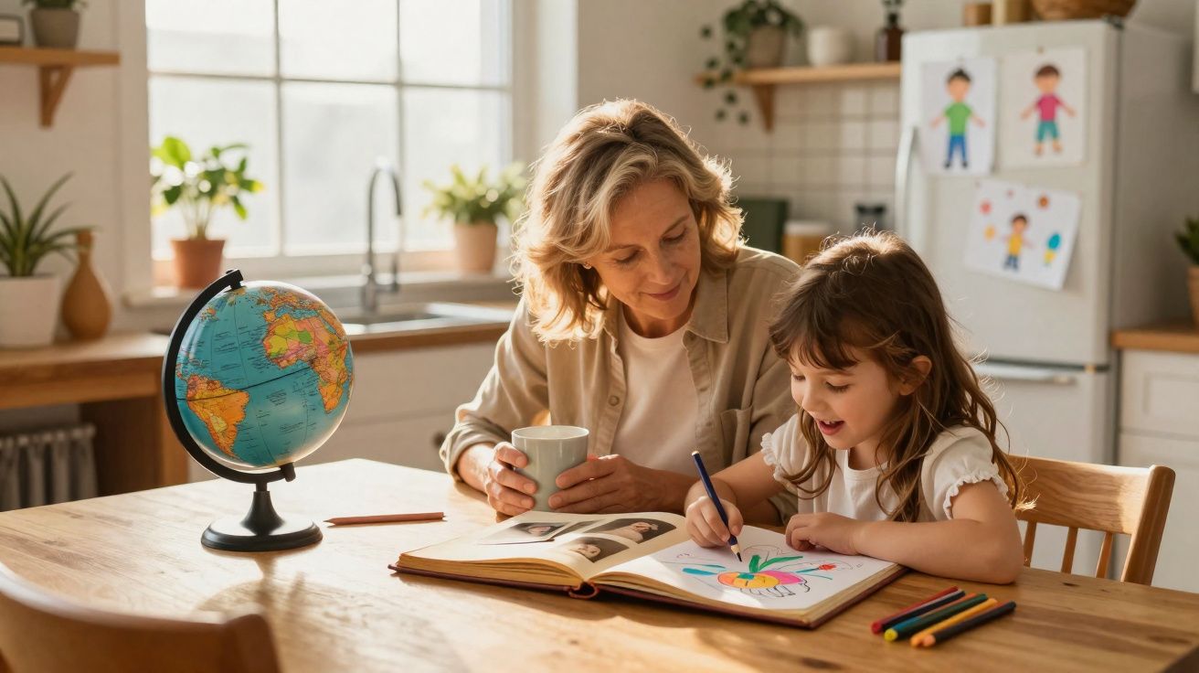 Mulher e menina colorindo livro juntas numa cozinha iluminada, com globo terrestre sobre a mesa.