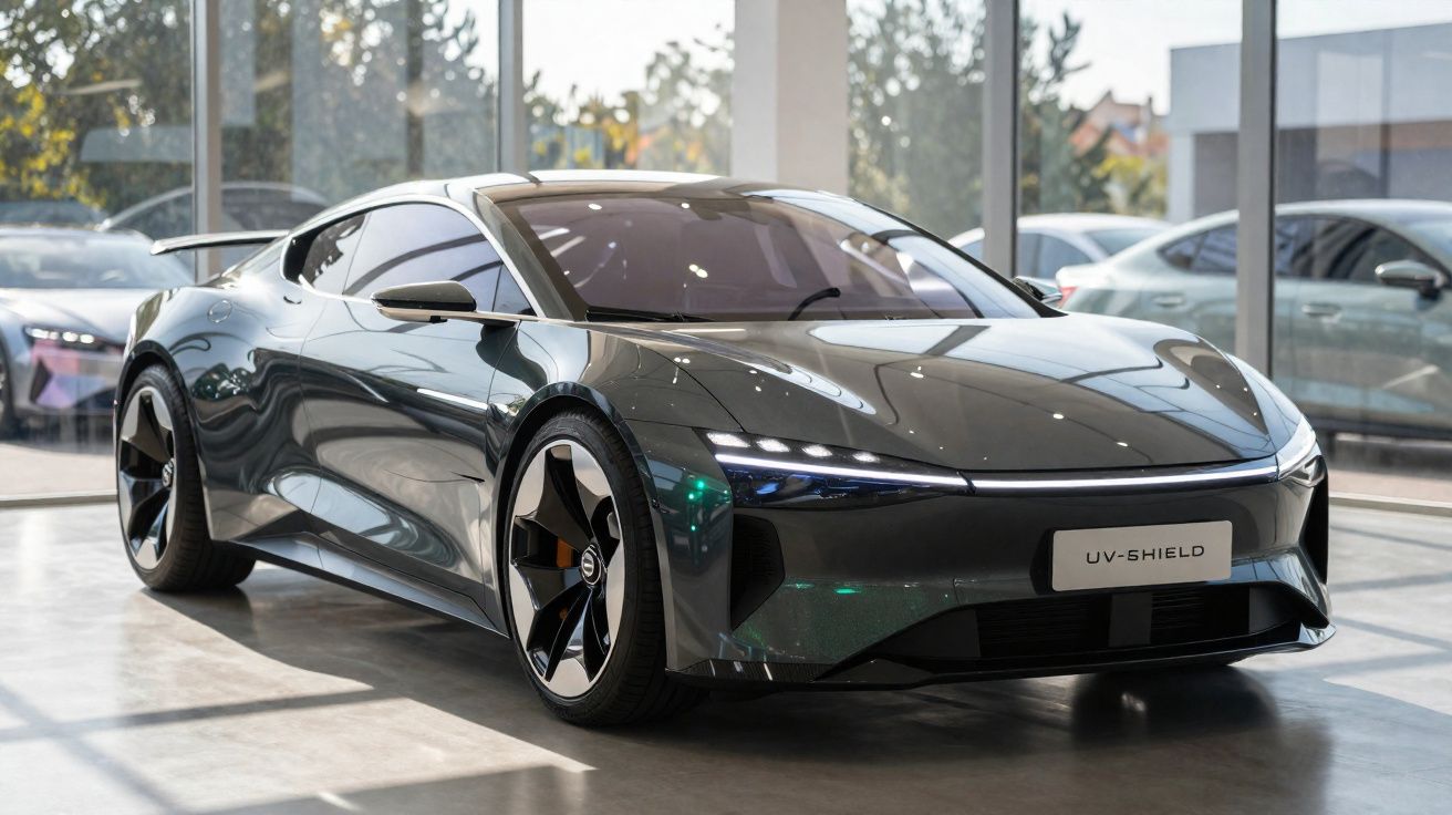 Carro desportivo elétrico prateado brilhante, modelo UV-Shield, exibido em showroom com janelas amplas.