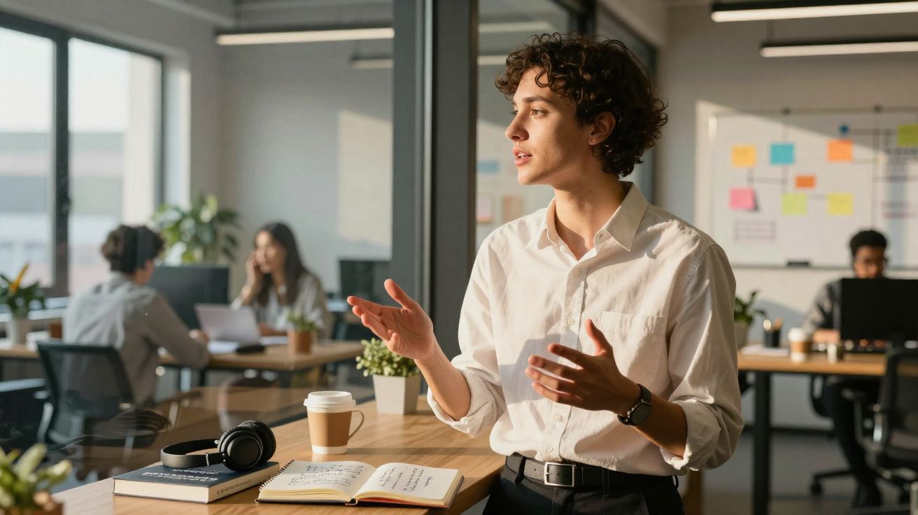 Jovem em camisa branca fala numa reunião de trabalho num escritório moderno com colegas ao fundo.