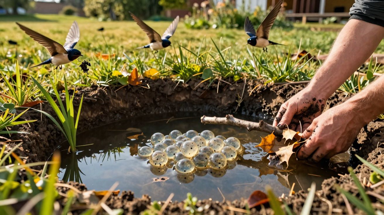 Mãos a colocar folhas junto a ovos de anfíbios em água, com andorinhas a voar e campo ao fundo.