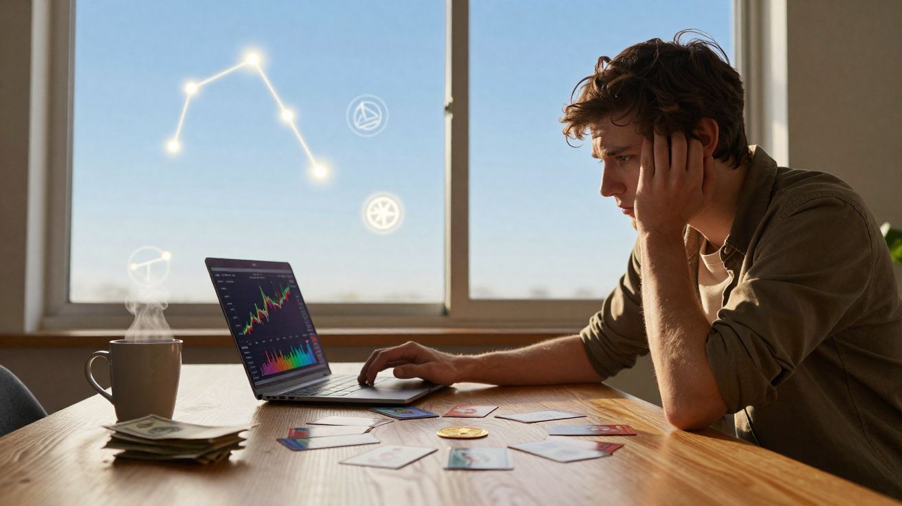 Jovem analisa gráficos numa mesa com cartas de tarô, bitcoin e dinheiro, em frente a uma janela.