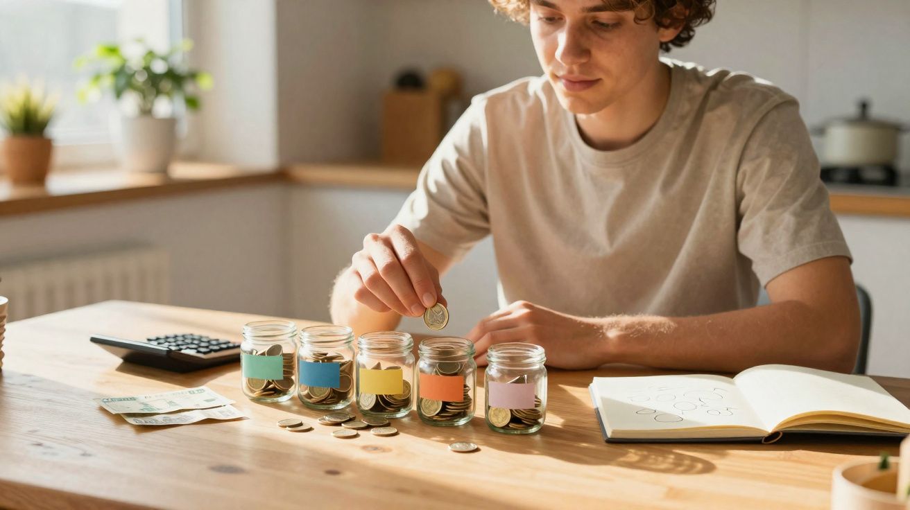 Pessoa jovem a colocar moedas em frascos de vidro rotulados para organização financeira numa mesa de madeira.