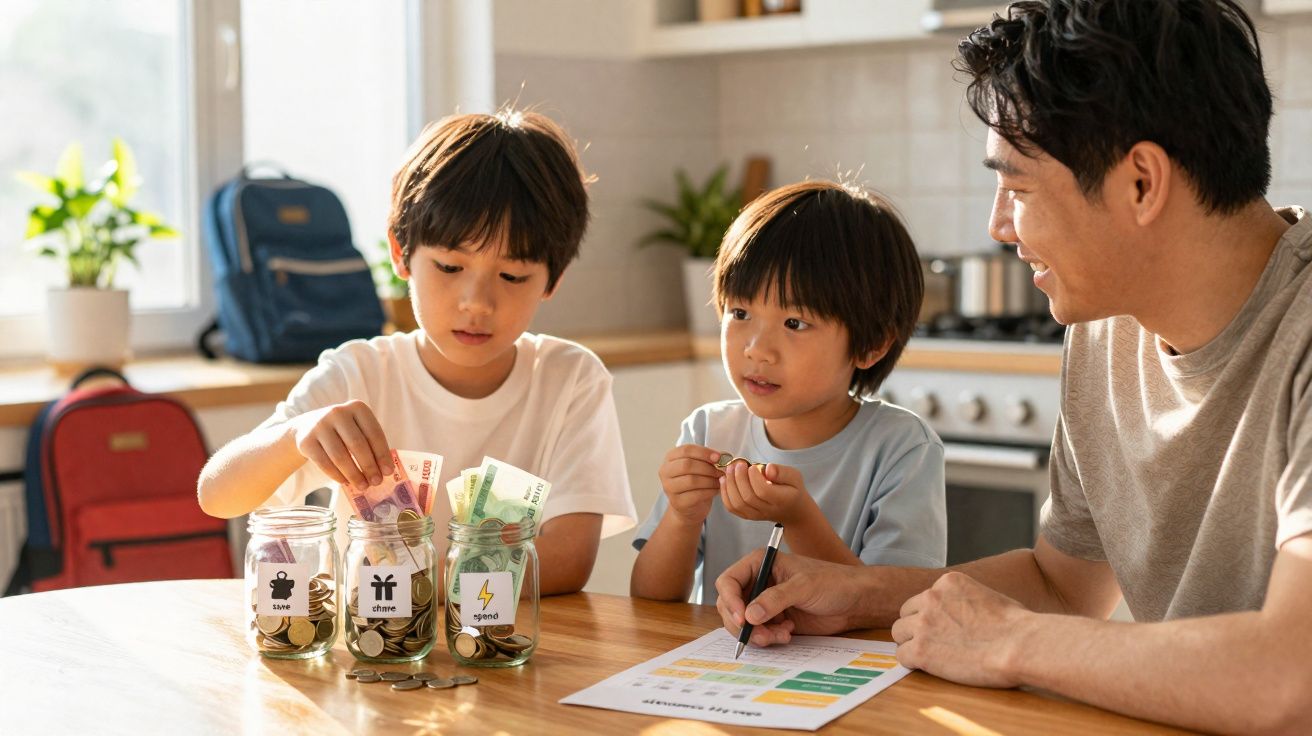 Pai e dois filhos organizam dinheiro em frascos rotulados para poupar, gastar e doar numa cozinha luminosa.