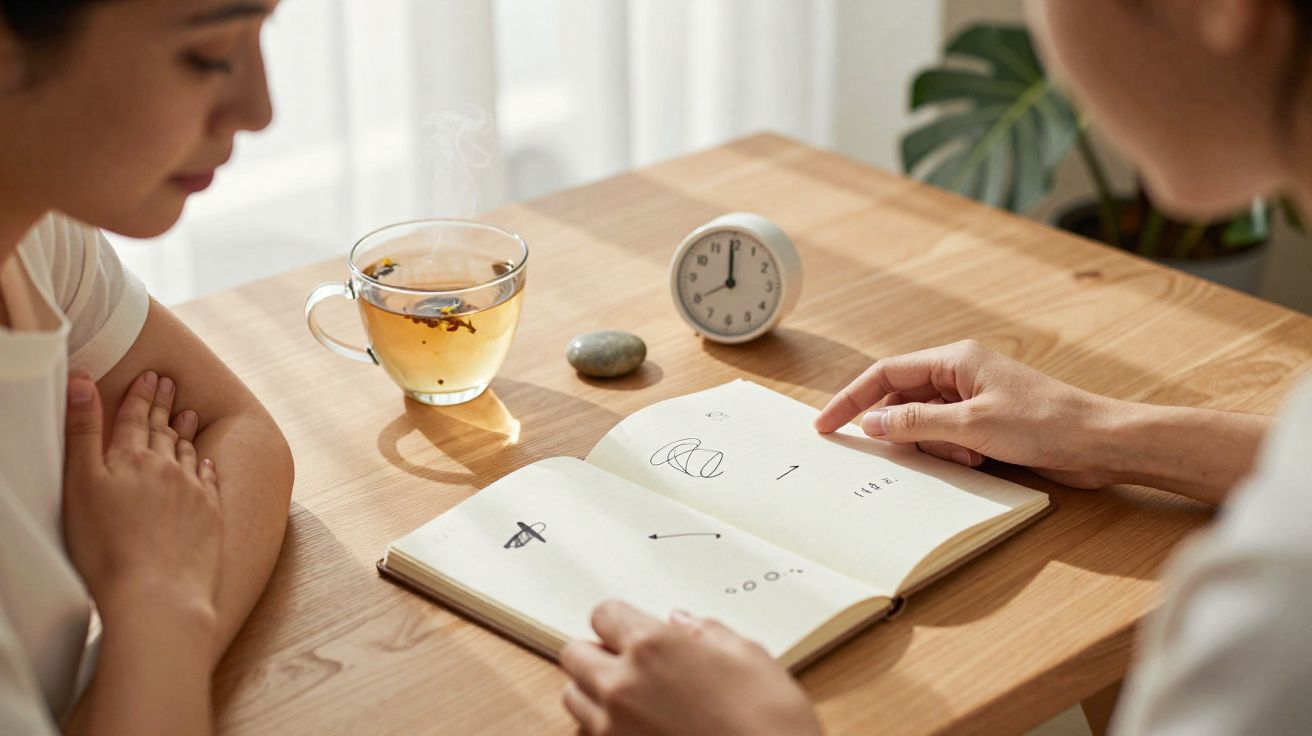 Duas pessoas sentadas à mesa a observar um caderno com desenhos e um relógio sobre a mesa de madeira.