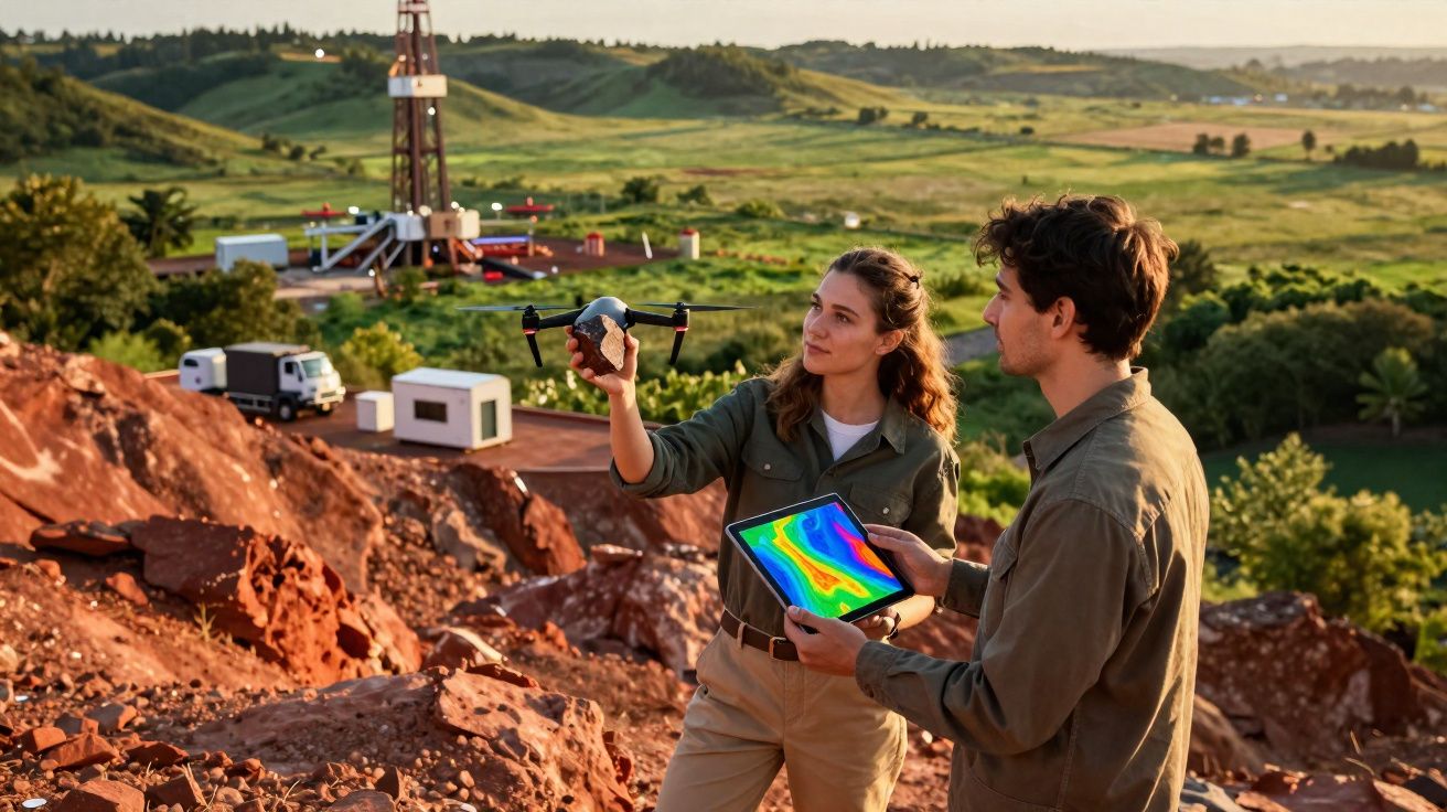 Duas pessoas com drone e tablet numa colina vermelha, com paisagem rural e instalação industrial ao fundo.