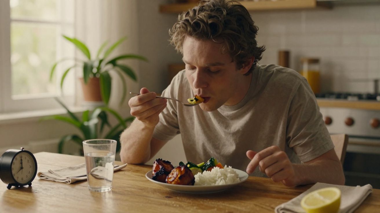 Homem a comer arroz, legumes e carne sentando-se à mesa de uma cozinha bem iluminada.