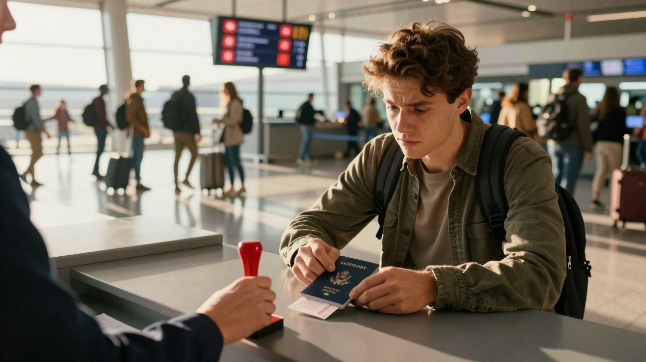 Jovem com mochila apresenta passaporte e bilhete para controlo num aeroporto movimentado.