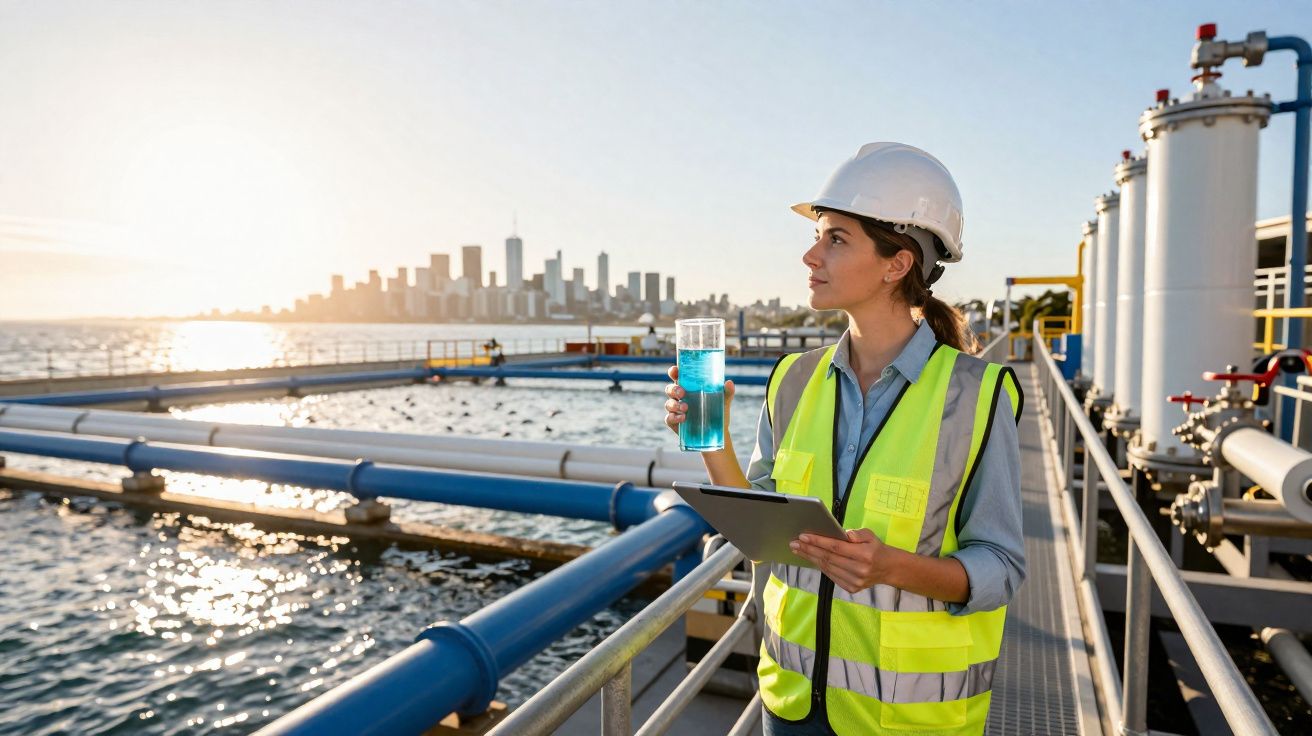 Mulher engenheira com colete e capacete a analisar água azul num copo numa estação de tratamento junto ao mar.