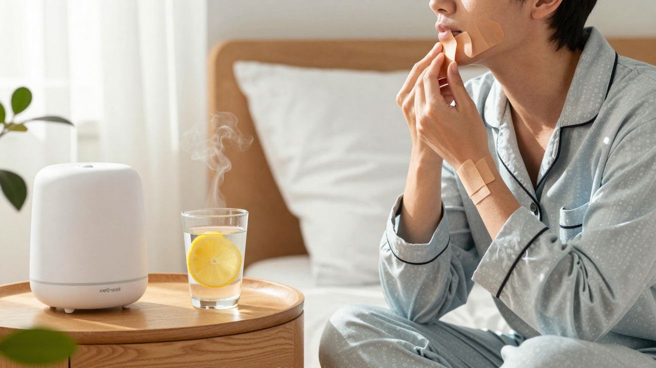 Pessoa com pensos curativos no rosto e braço, sentada na cama, com copo de água quente e difusor na mesa ao lado.