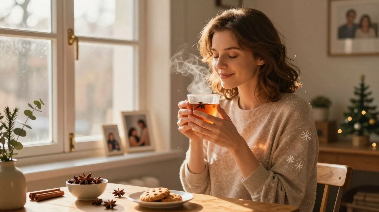 Mulher sentada a beber chá quente com olhos fechados, mesa com bolachas e especiarias, ambiente acolhedor.