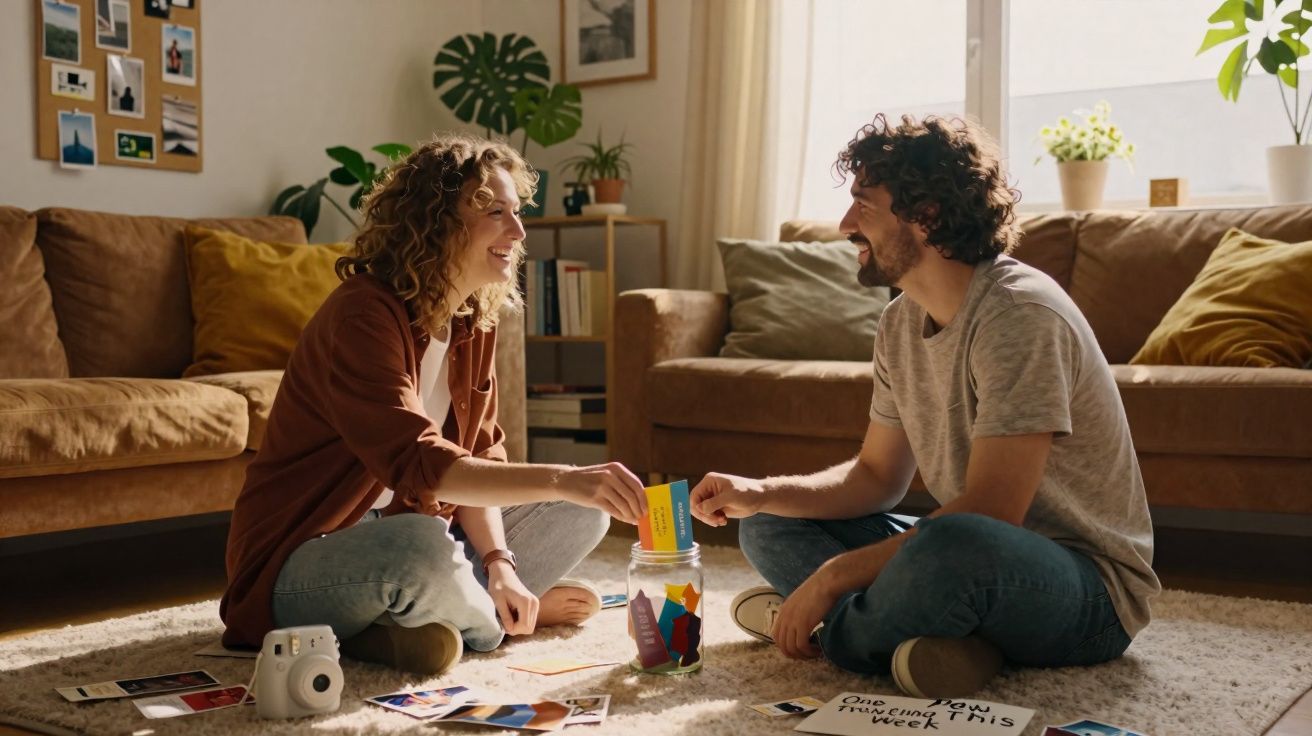 Casal sentado no chão da sala a sorrir e a guardar cartões coloridos num frasco de vidro.