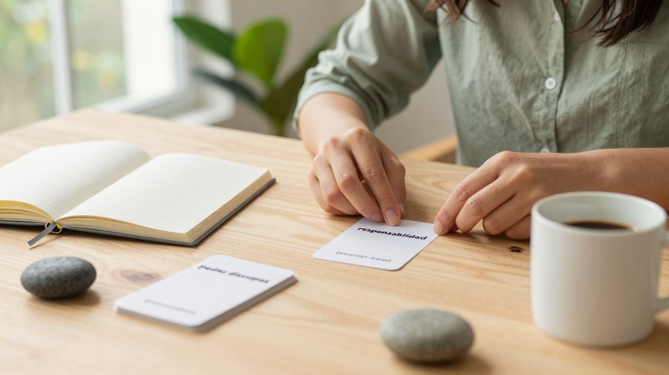 Pessoa a organizar cartas sobre responsabilidade numa mesa com caderno, pedras e caneca de café.