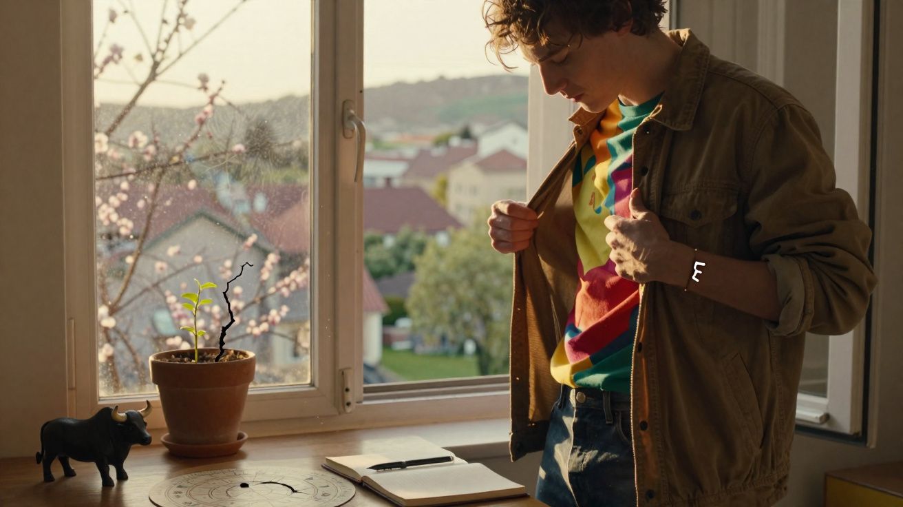 Jovem a ajustar casaco junto a janela com vista para árvores e casas, numa mesa com planta, búzio e caderno.