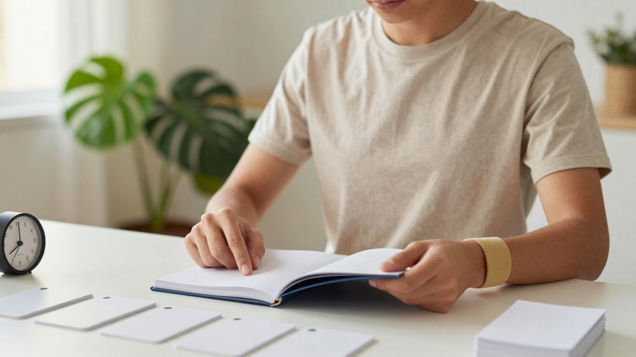 Pessoa sentada numa mesa branca a ler um livro aberto, com notas e um relógio à sua volta.