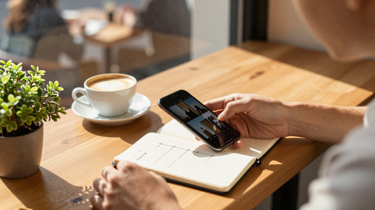 Pessoa a segurar um smartphone sobre um livro aberto com gráficos, ao lado de uma chávena de café e planta numa mesa de madei