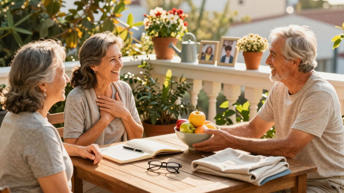 Três idosos sentados à mesa num terraço, sorrindo e partilhando uma taça de fruta sob luz natural.