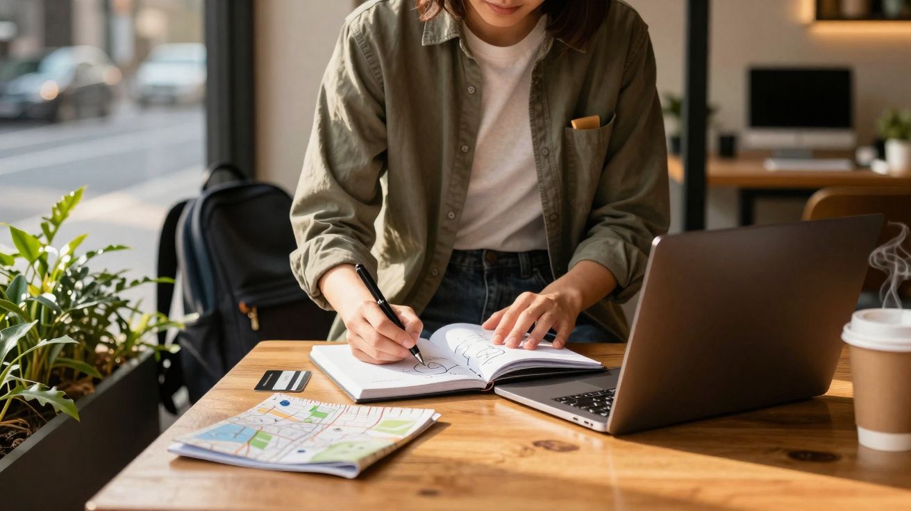 Pessoa a desenhar num caderno junto a portátil, com mapa, cartão e café numa mesa de madeira numa cafetaria.