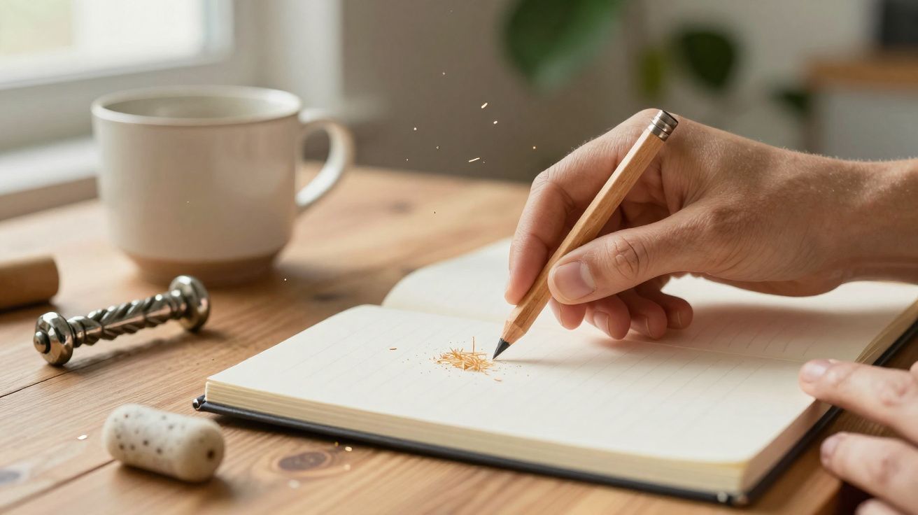 Mão a segurar lápis que desenha num caderno aberto sobre uma mesa de madeira, com uma chávena ao fundo.