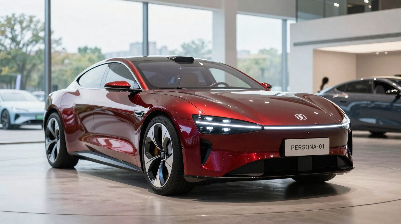 Carro desportivo elétrico vermelho de quatro portas em exposição num showroom moderno.