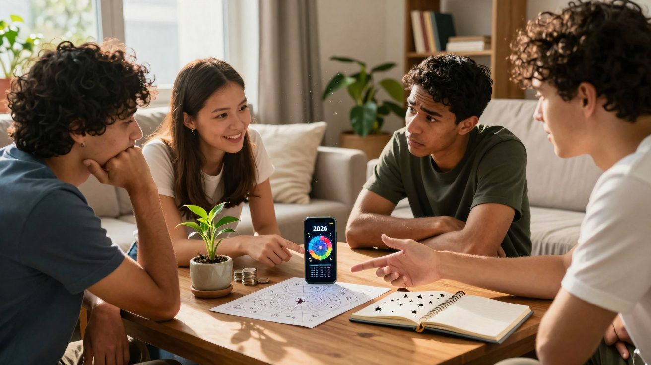 Quatro jovens sentados à volta de uma mesa, a discutir mapas astrológicos e um telemóvel com gráfico colorido.