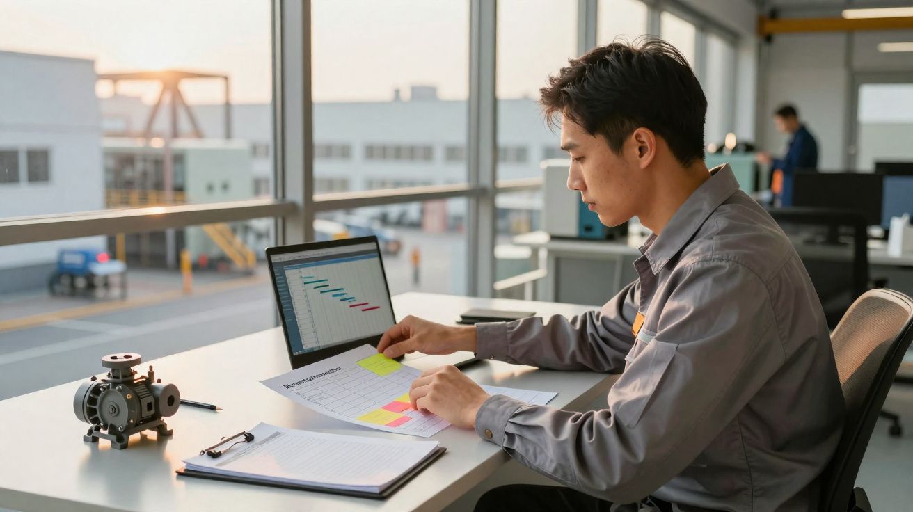 Homem a trabalhar com gráficos num computador portátil e documentos numa secretária junto a janelas amplas.