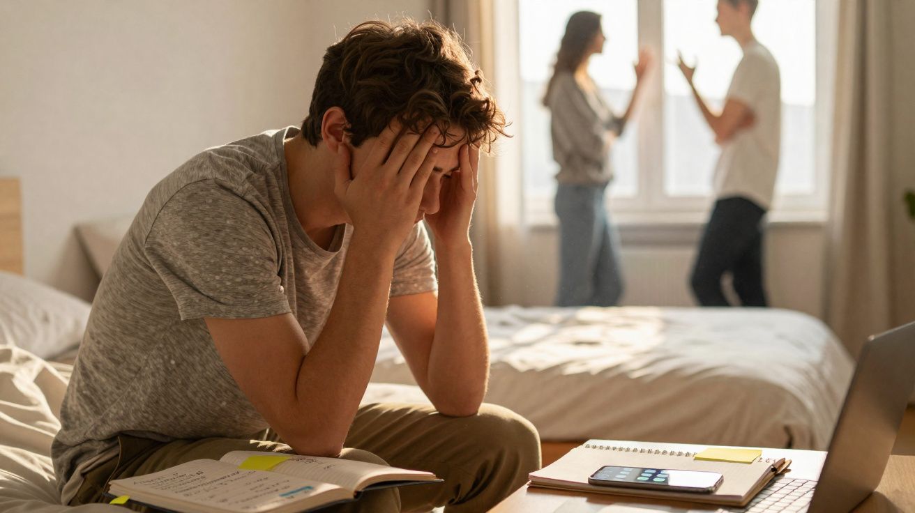 Jovem sentado na cama com as mãos na cabeça, casal ao fundo discutindo junto à janela iluminada.