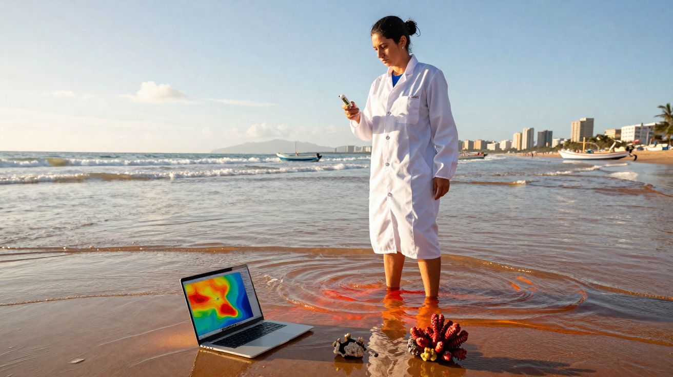 Mulher de bata branca na praia com laptop aberto a mostrar dados coloridos e corais no chão molhado.
