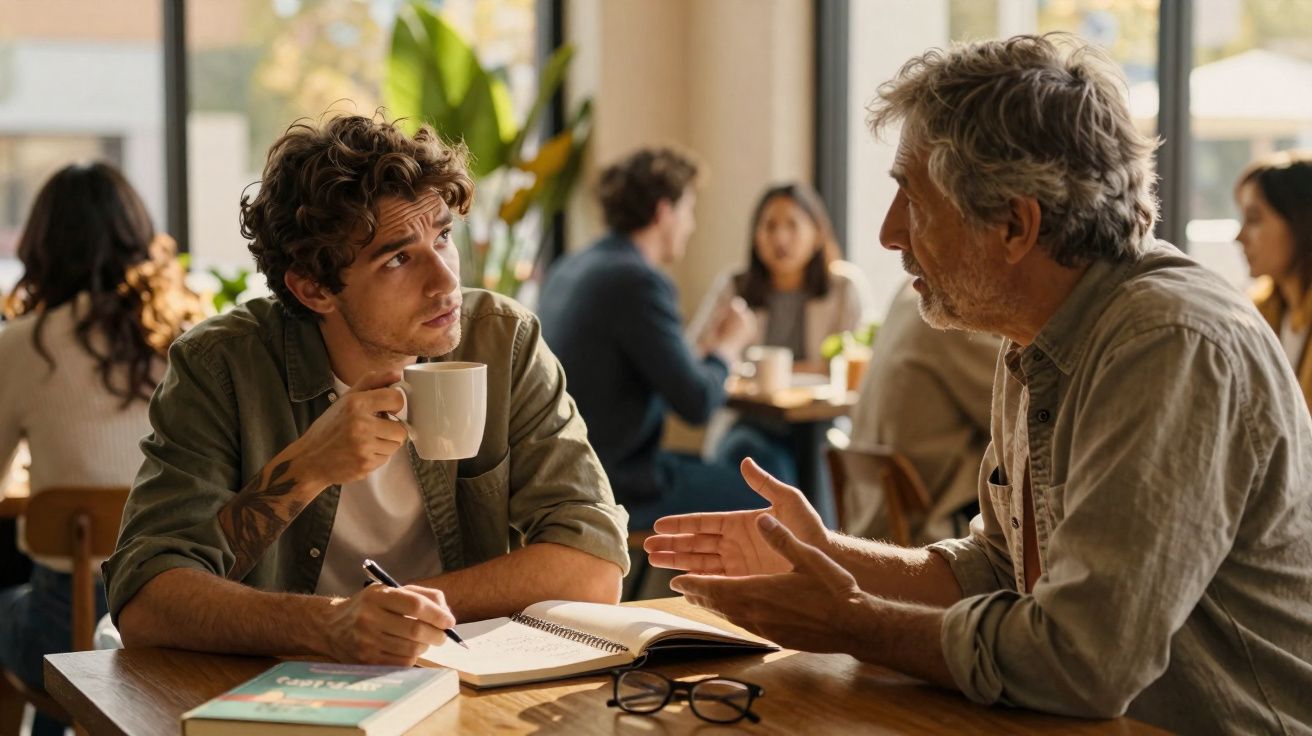 Dois homens conversam numa cafeteria, um bebe café e o outro gesticula enquanto fala.
