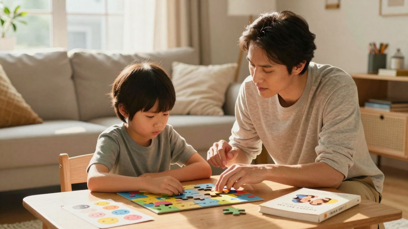 Homem adulto e criança montam puzzle colorido numa mesa numa sala iluminada e acolhedora.