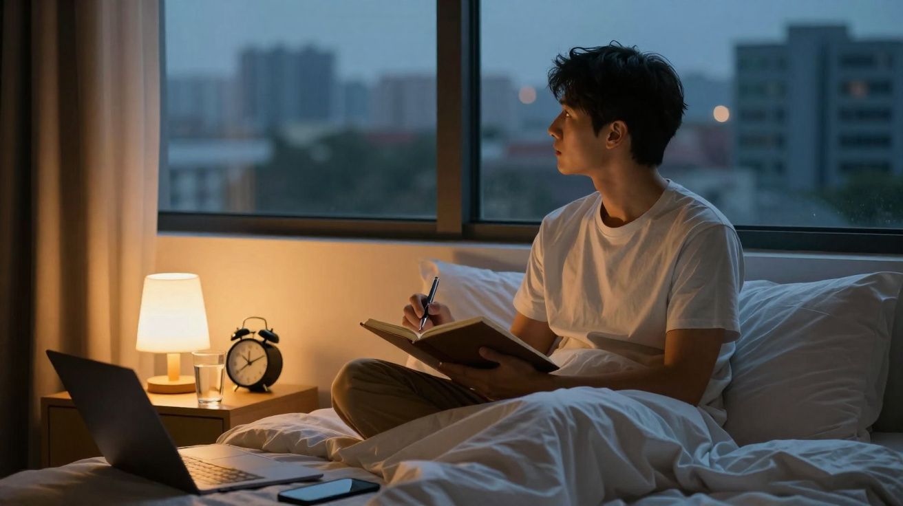 Homem sentado na cama a escrever num caderno, com computador e telemóvel na cama e vista noturna pela janela.