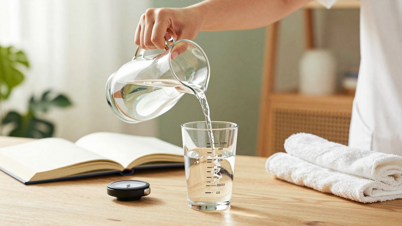 Pessoa a servir água numa chávena num ambiente luminoso com toalhas e livro numa mesa de madeira.