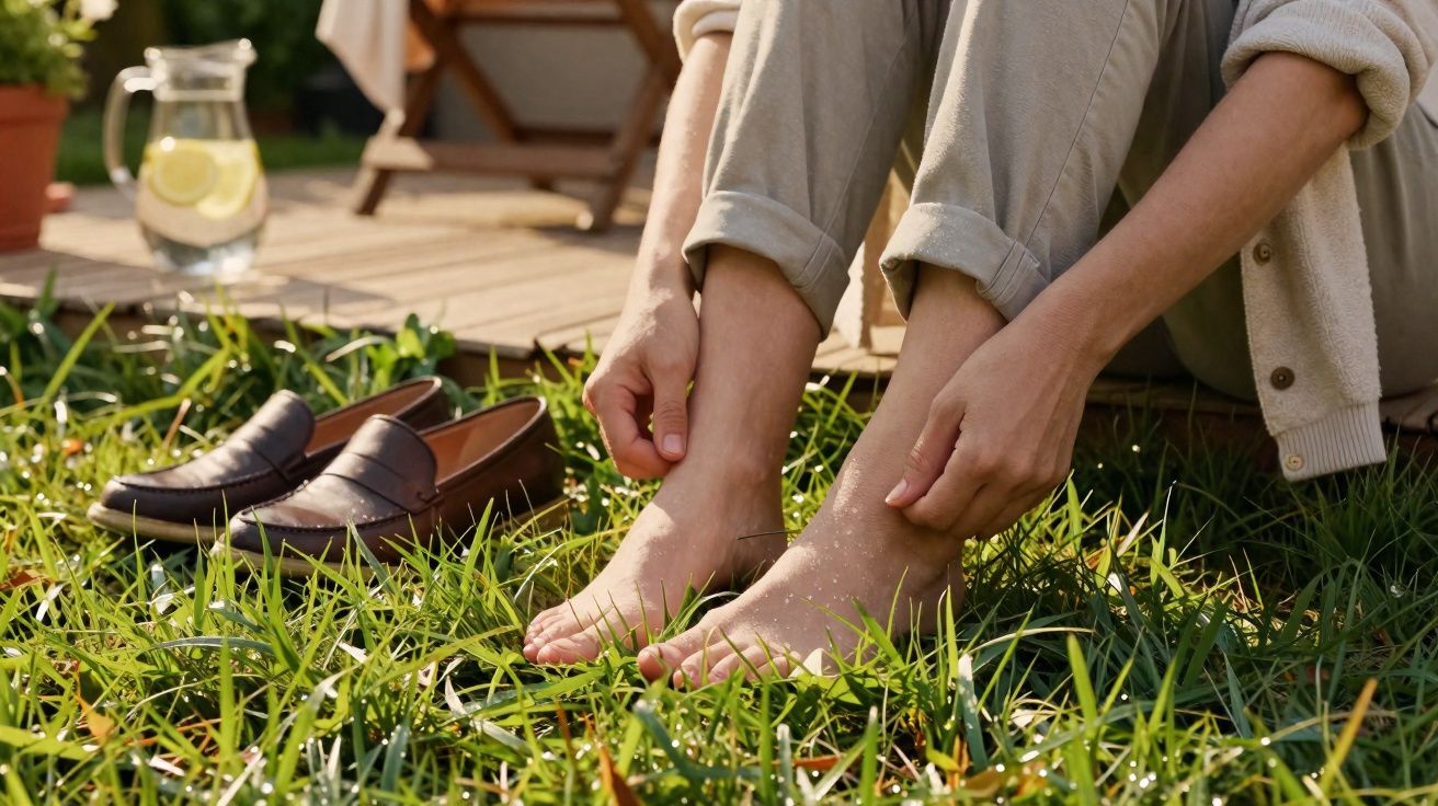 Pessoa sentada no jardim tira os sapatos, pés descalços na relva verde sob luz solar.