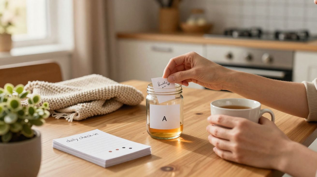 Mãos a colocar um papel numa jarra rotulada com "A" numa mesa com chá, planta, bloco de notas e manta.