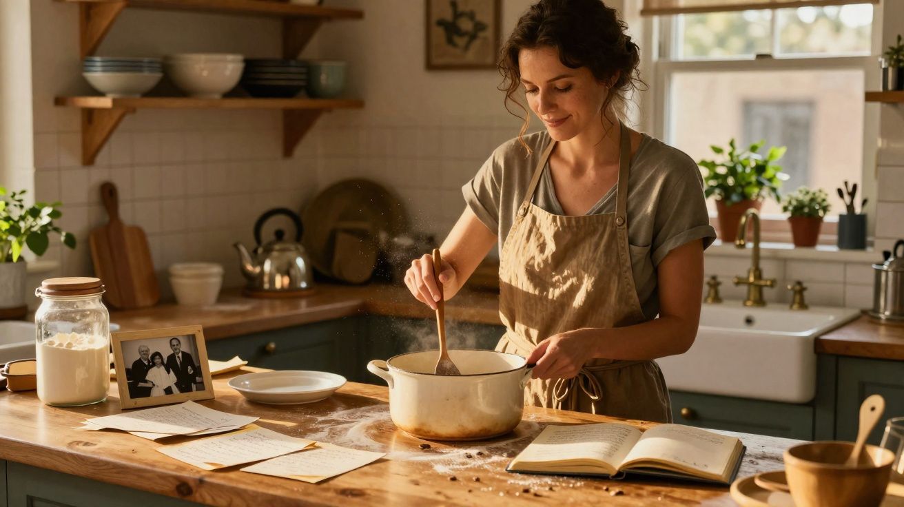 Mulher a sorrir a mexer uma panela na cozinha, com livro de receitas e ingredientes sobre a bancada.