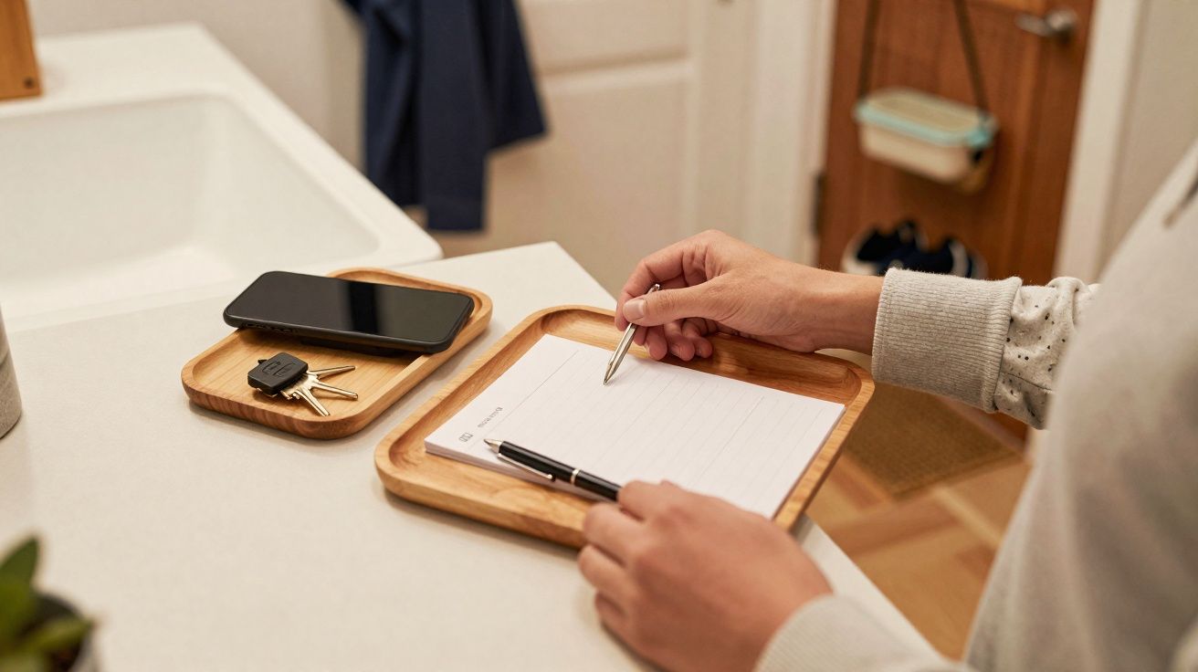 Pessoa a escrever numa folha sobre uma bandeja de madeira numa mesa com telemóvel e chaves numa bandeja ao lado.