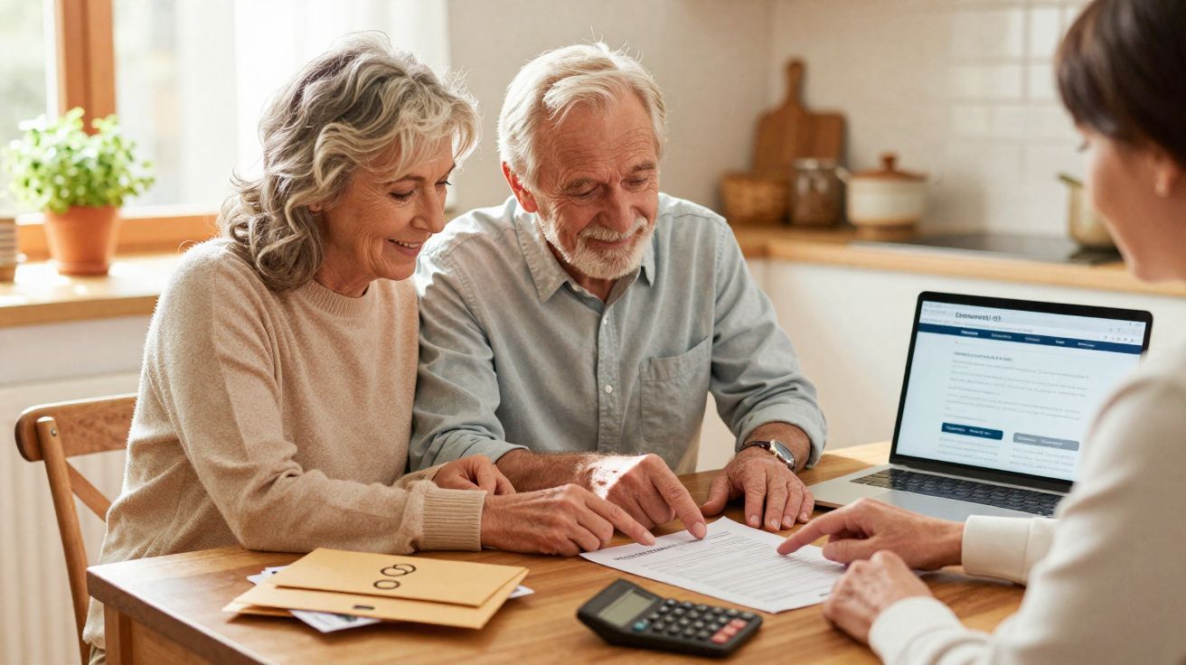 Casal idoso a analisar documentos com consultor, junto a portátil e calculadora numa cozinha iluminada.