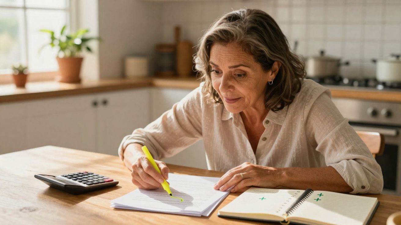 Mulher madura a sublinhar texto com marcador amarelo enquanto estuda numa mesa de cozinha iluminada.