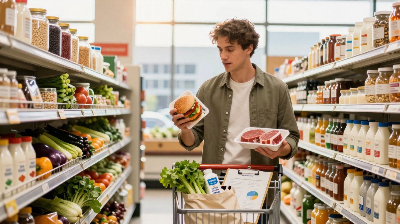 Homem jovem a segurar hambúrguer e carne num supermercado entre prateleiras de alimentos variados.