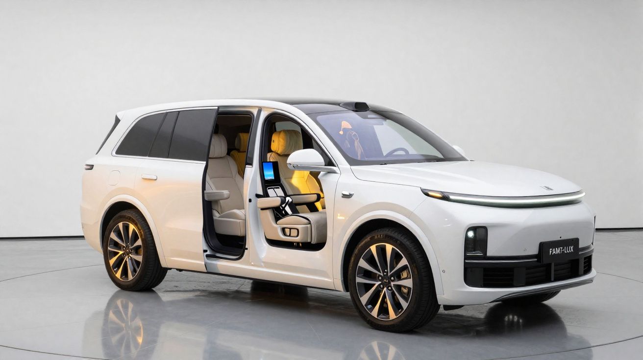 Carro elétrico branco de luxo com portas dianteira e traseira abertas, interior moderno e assentos de couro bege.