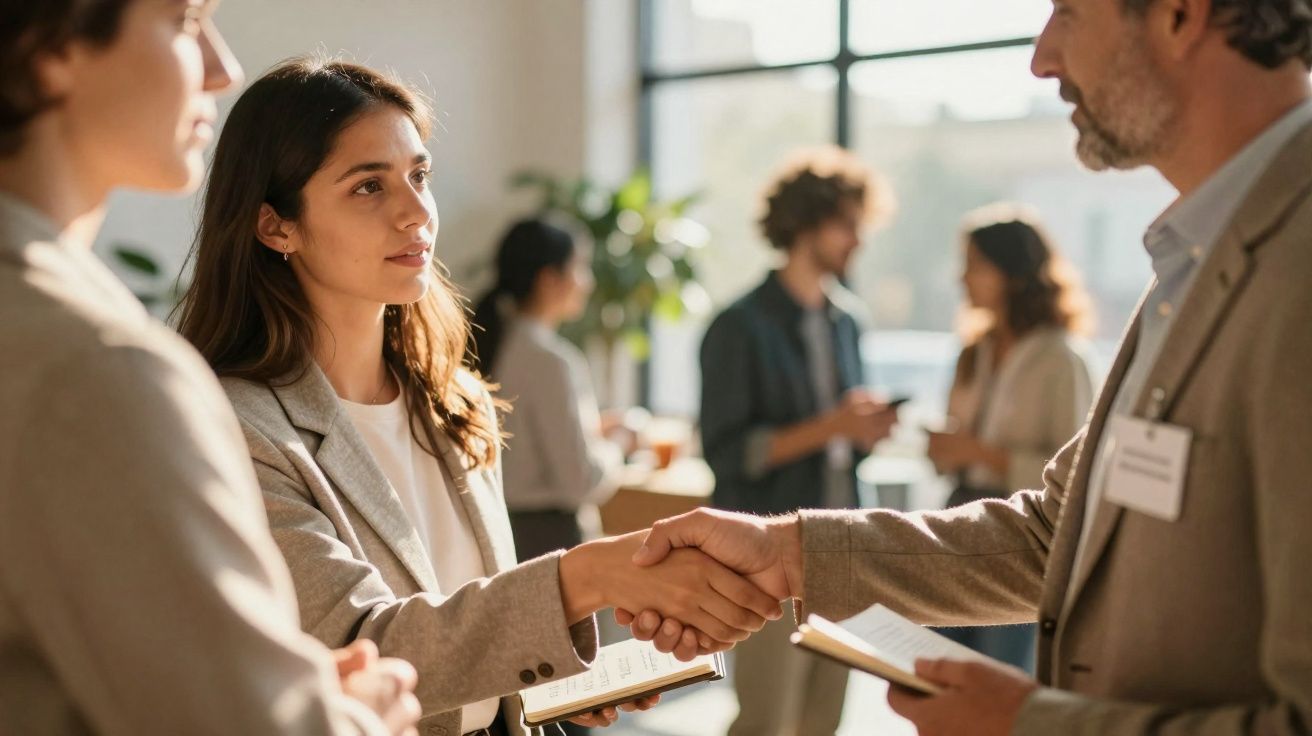 Pessoa jovem a apertar mão de homem num evento de networking com mais pessoas ao fundo.