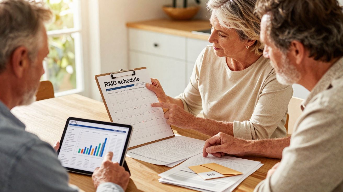 Três adultos idosos discutem finanças, com um calendário e um tablet com gráficos à mesa.