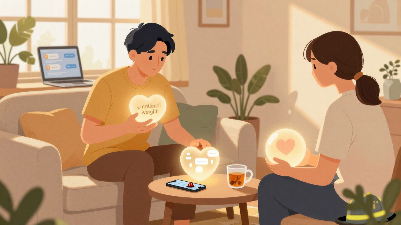 Ilustração de duas pessoas sentadas a conversar numa sala iluminada, cada uma segurando um coração brilhante.