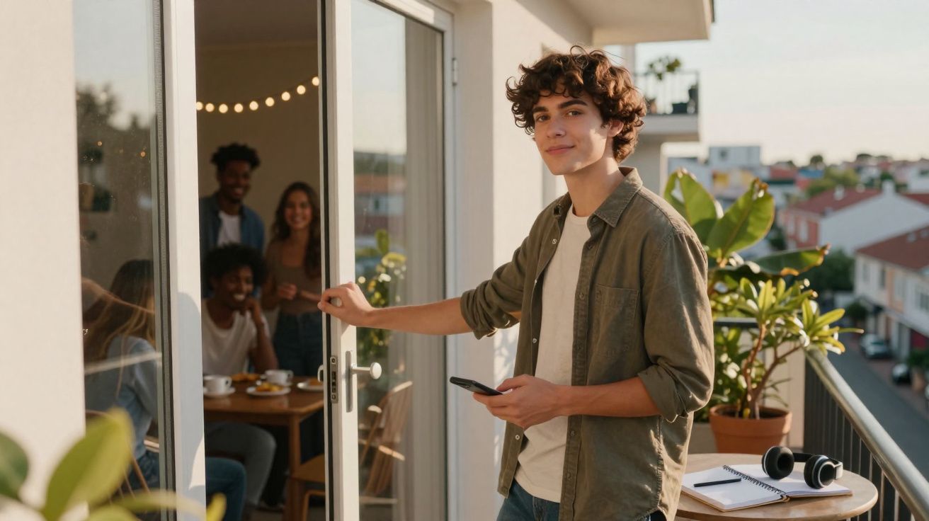 Jovem abre porta de varanda segurando telemóvel, com grupo de amigos dentro de casa ao fundo.
