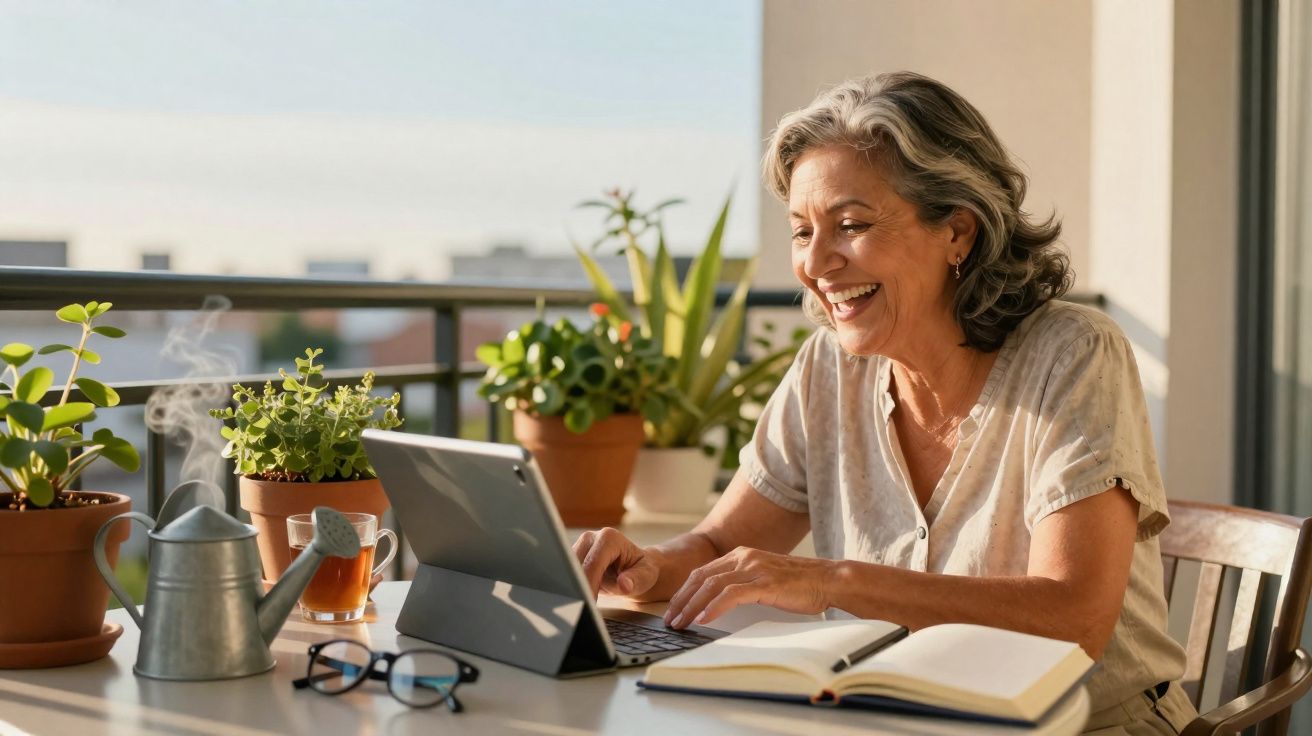 Mulher sorridente a usar tablet numa varanda com plantas, chá e caderno à sua frente.