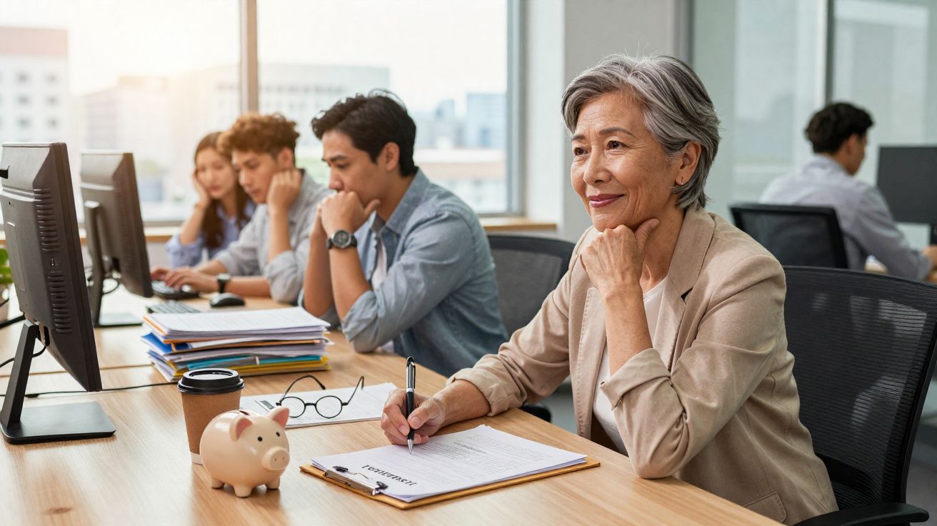 Mulher sénior a trabalhar num escritório moderno, com colegas ao fundo, escrevendo num documento.
