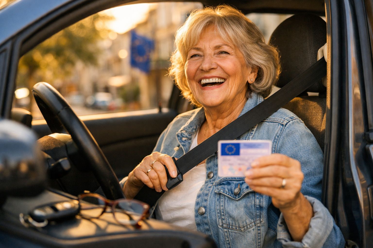 Mulher sénior sorridente dentro de carro a mostrar carta de condução europeia e a apertar cinto segurança.