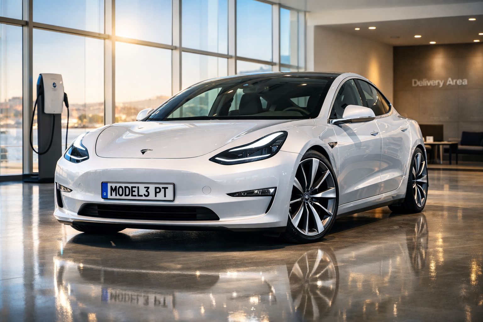 Carro elétrico branco Tesla Model 3 estacionado numa sala ampla com vidro e posto de carregamento elétrico.