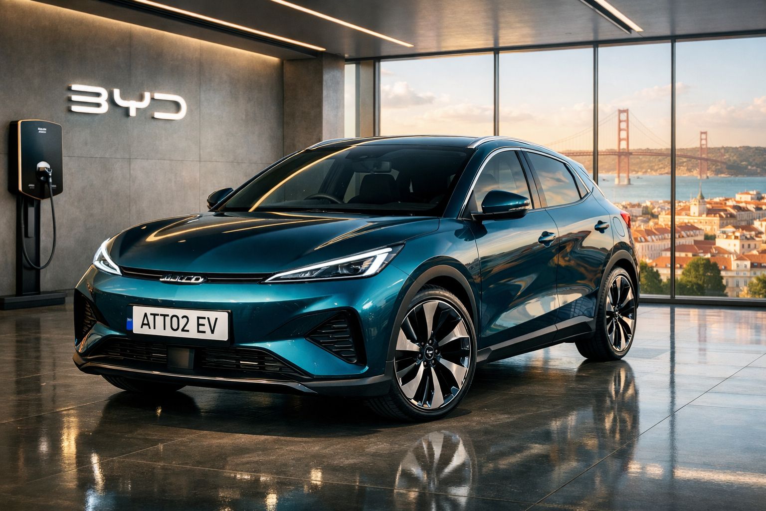 Carro elétrico BYD ATTO 2 EV azul num showroom com vista panorâmica para ponte suspensa.