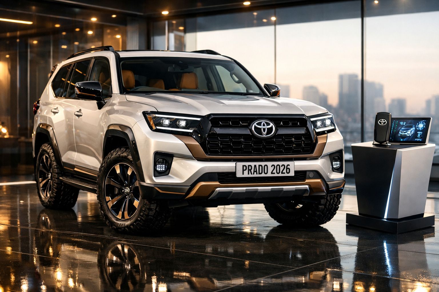 SUV Toyota Prado 2026 branco exposto num showroom moderno com luz suave e reflexos no chão brilhante.